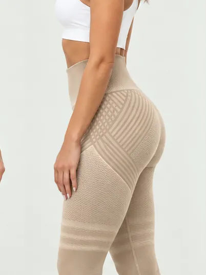 Legginsy modelujące Elevime w kolorze beżowym, bok: wysoki stan i teksturowana dzianina 3D