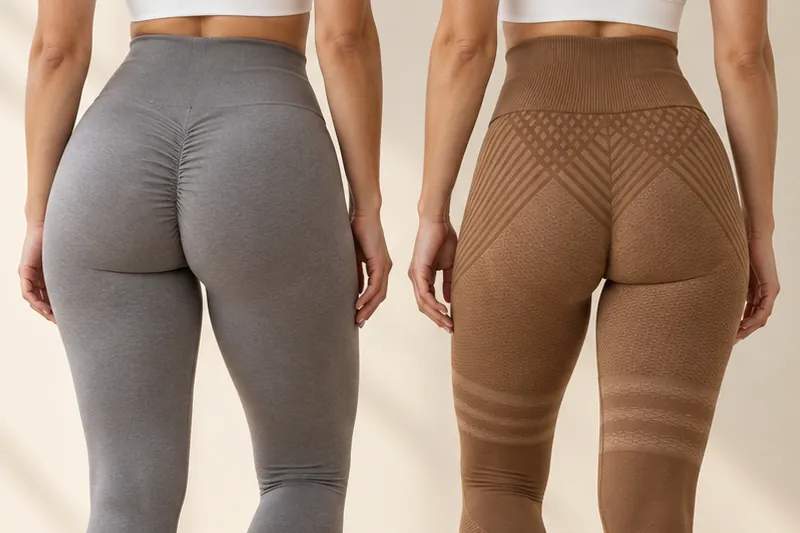 Legginsy od tyłu: szare z marszczonym szwem scrunch na pupie i brązowe legginsy modelujące z teksturowaną dzianiną 3D i wysokim stanem