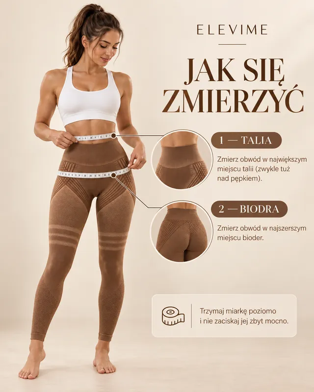 Jak się zmierzyć: obwód talii i bioder na legginsach Elevime w kolorze brązowym