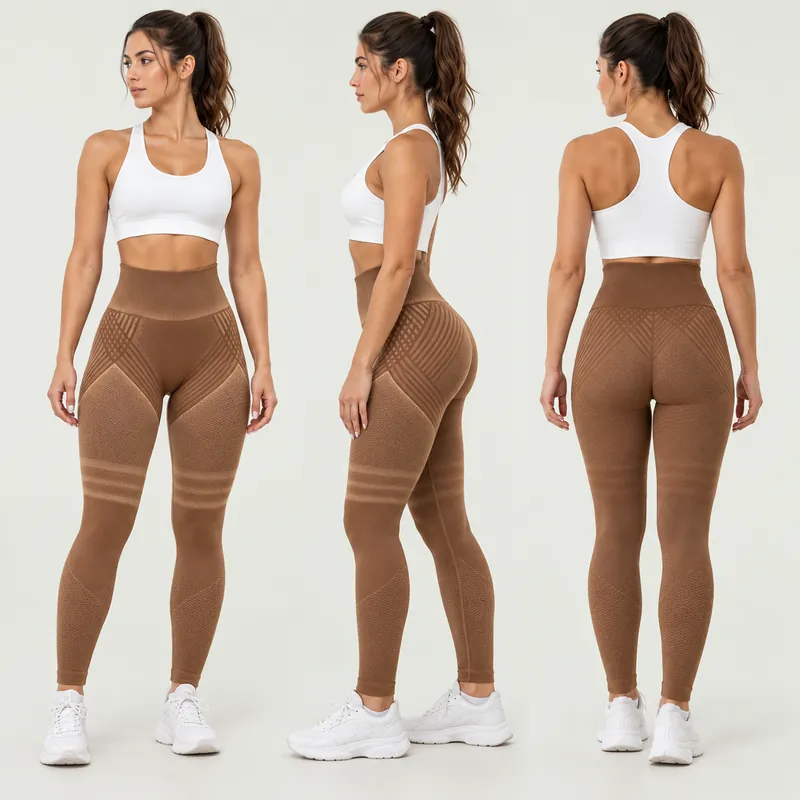 Legginsy modelujące Elevime w kolorze brązowym: widok z przodu, z boku i z tyłu